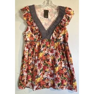 FEI WOMENS BLOUSE SIZE 6 FLORAL ORANGE CAP SLEEVE V NECK 100% COTTON